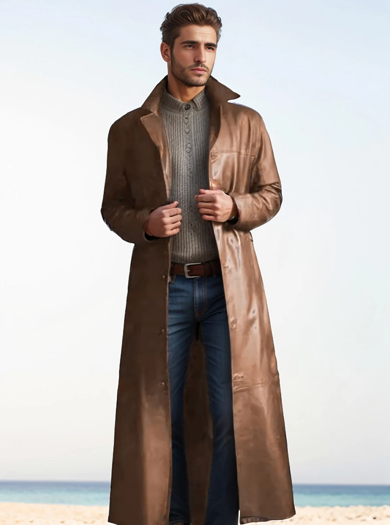 Manteau long en cuir avec revers classique