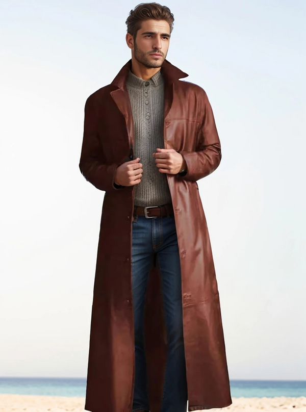 Manteau long en cuir avec revers classique