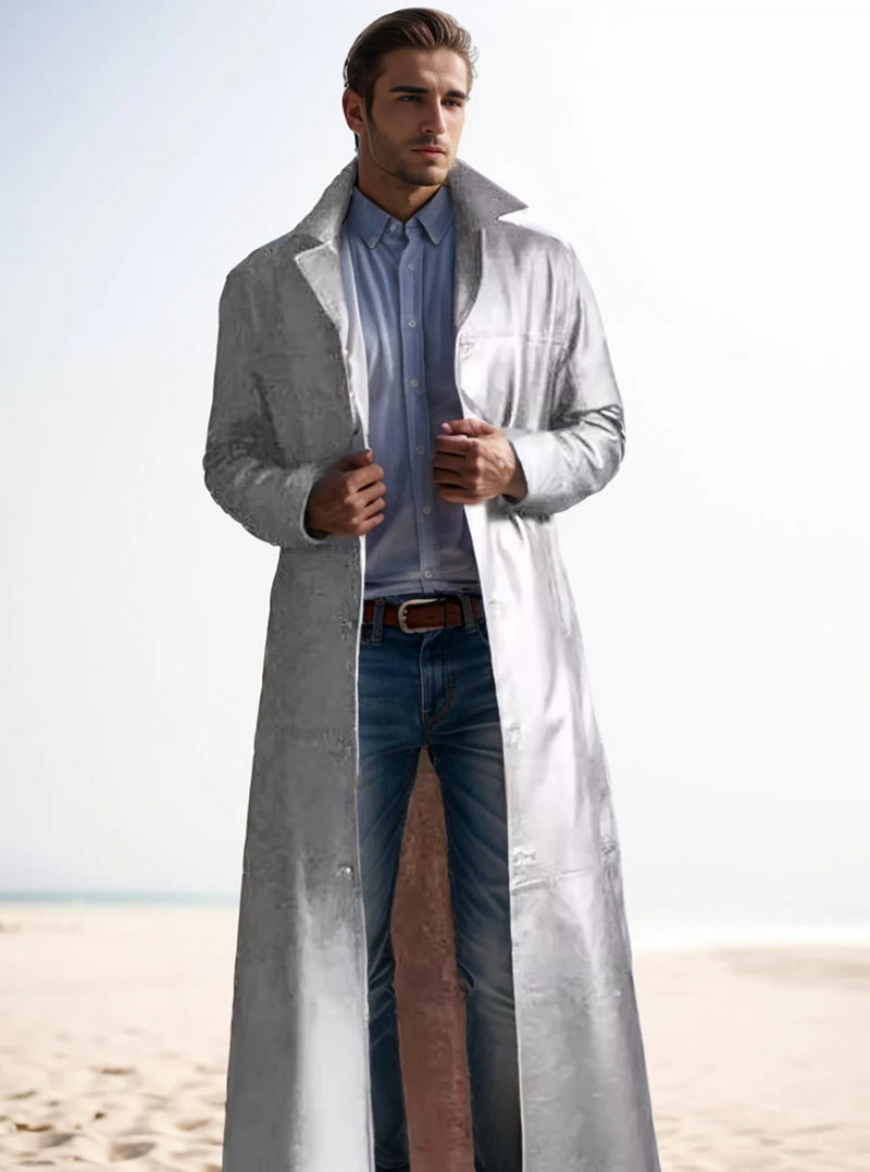 Manteau long en cuir avec revers classique