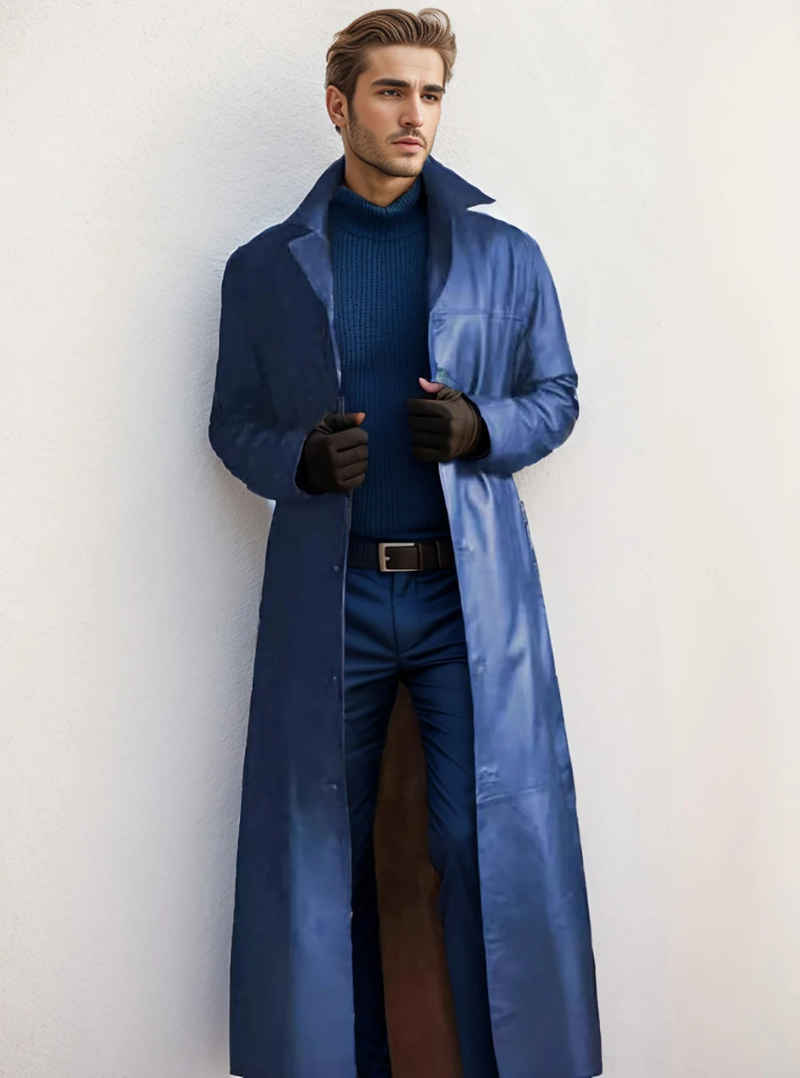 Manteau long en cuir avec revers classique