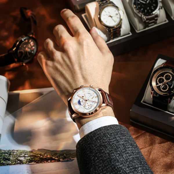 Montre homme classique 43 mm | Bracelet cuir & étanche 30 m | Style chic quotidien | Fogella