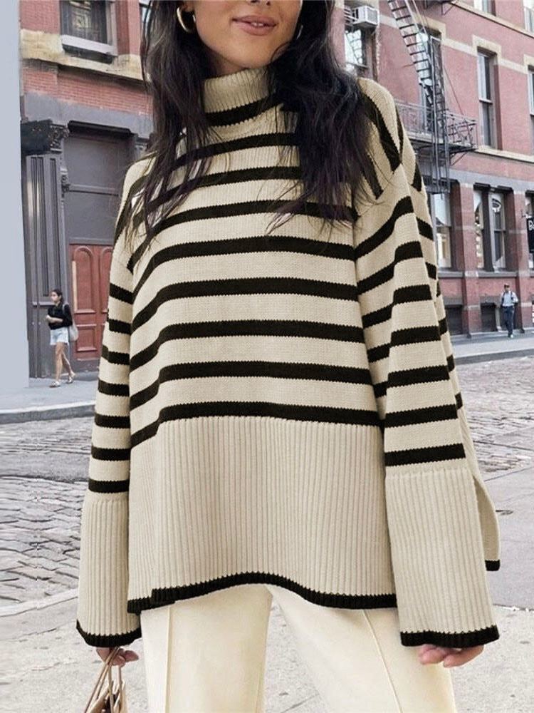 Femme - Pull à col roulé rayé - Confortable et élégant - Mode tendance hiver chic