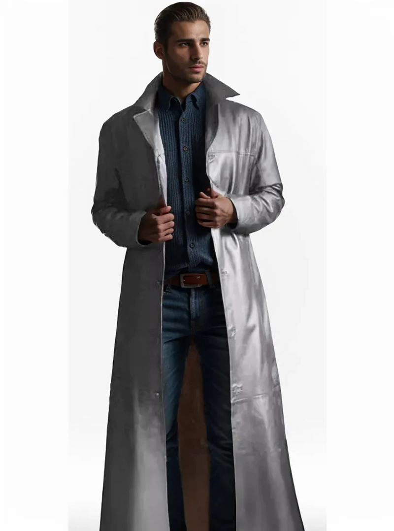 Manteau long en cuir avec revers classique