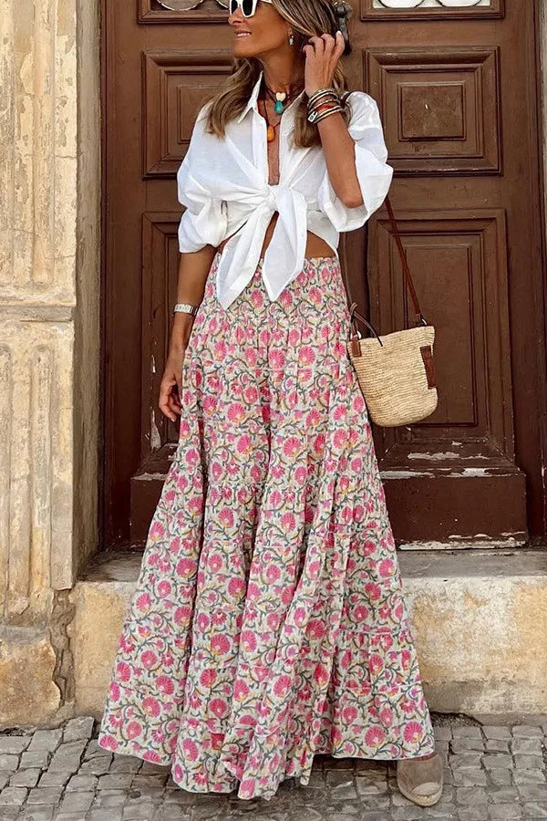 Michelle - Jupe Boho pour femme, imprimé floral, grande jupe de plage pour les vacances