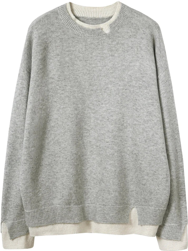 Femme - Pull-over en tricot gris-blanc - Confortable et élégant - Mode d'hiver tendance