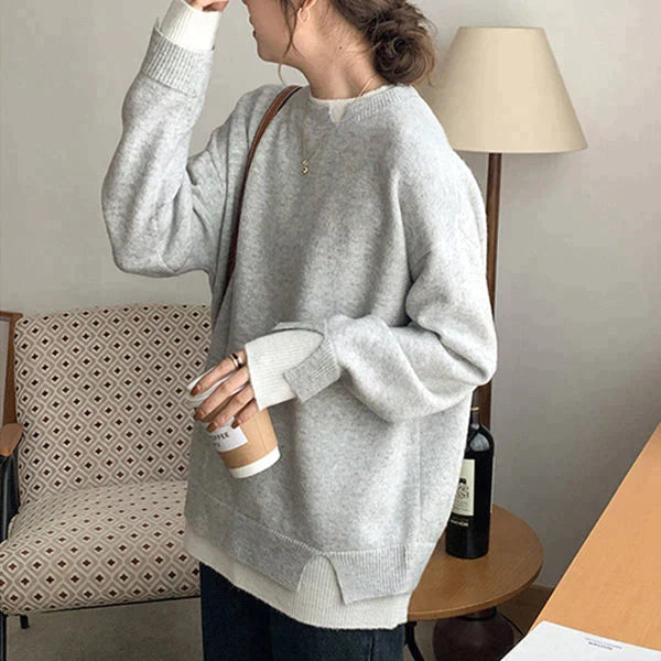 Femme - Pull-over en tricot gris-blanc - Confortable et élégant - Mode d'hiver tendance