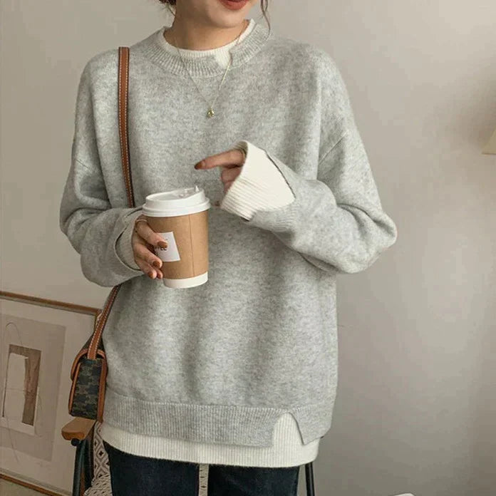 Femme - Pull-over en tricot gris-blanc - Confortable et élégant - Mode d'hiver tendance