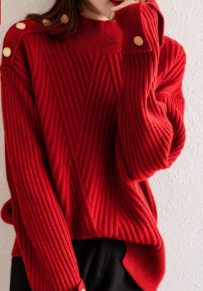 Véronique - Pull Uni Rouge Vif Avec Col Montant