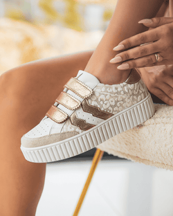 LIVIA – Baskets à Plateforme Blanc et Or avec Motif Léopard